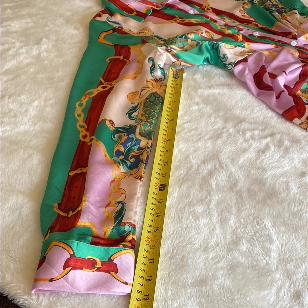 NWOT HER BOTTARI Vibrant Patterned Button-Up Shirt Dress Scarf Print Size L - Picture 11 of 16